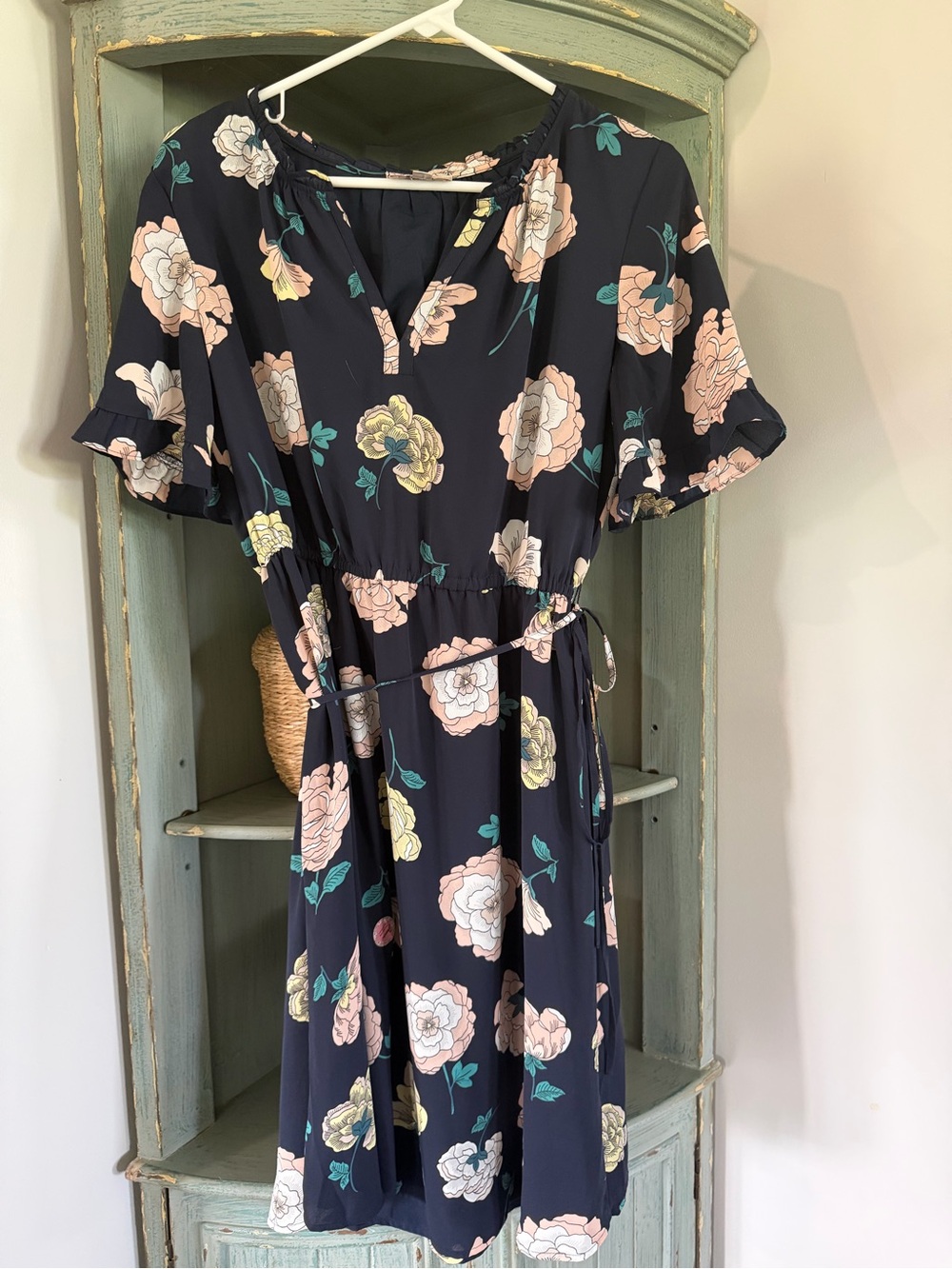LOFT Navy Floral Short Sleeve Midi Dress Medium Petite